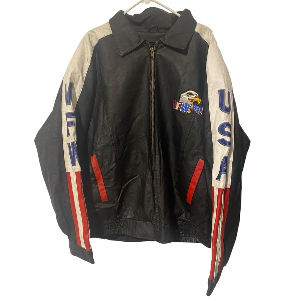 Vintage USA Leather Bomber Jacket - Black/White/Red VFW Vererans of Foreign Wars